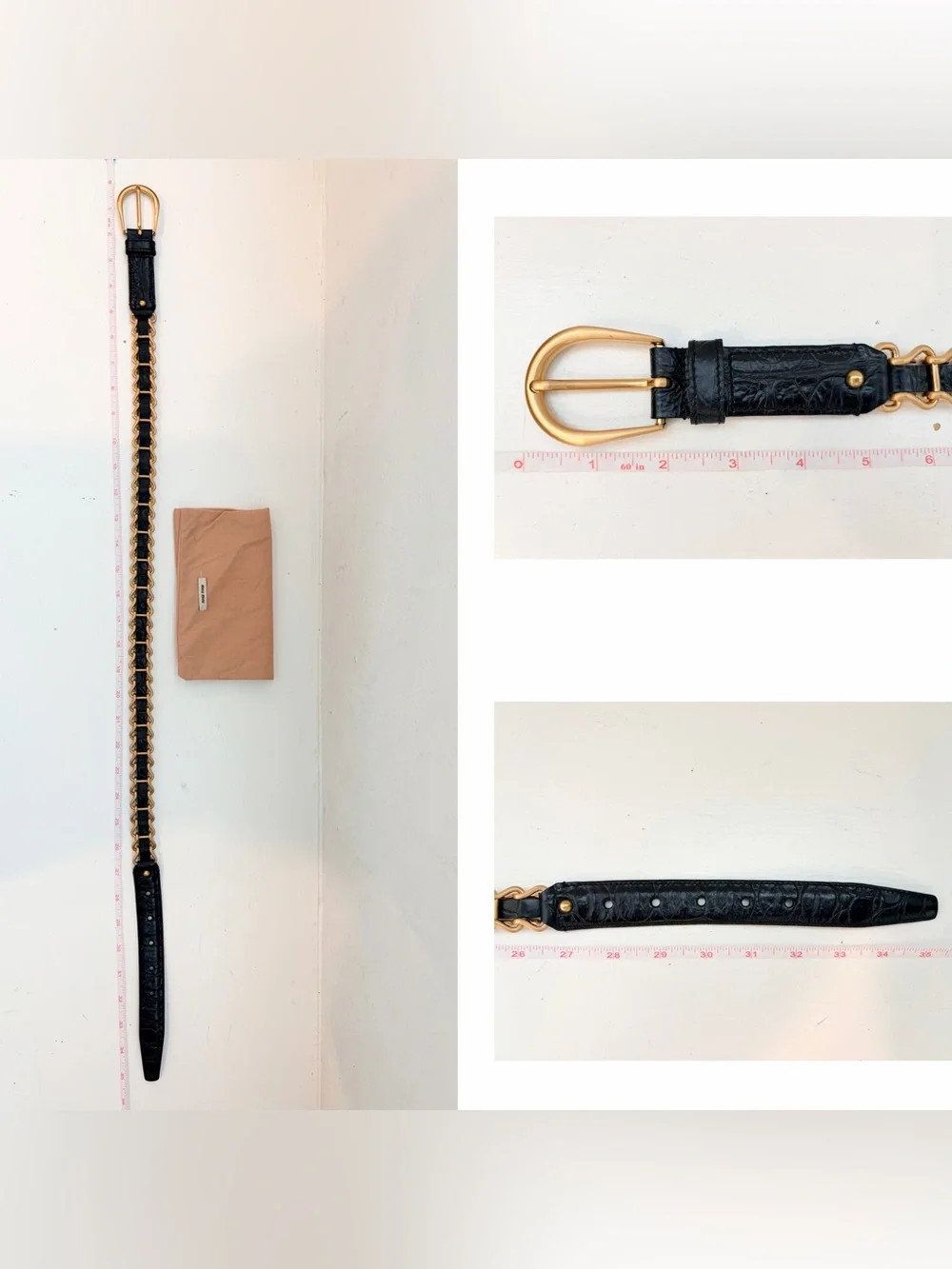 Auth MIU MIU Black Leather Gold-Tone Chain Link Belt, Size 75 / 30
